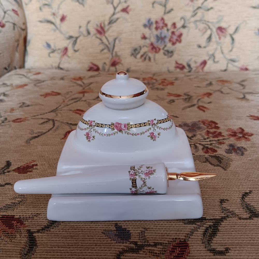 White Porcelain Inkwell Set with Pink Floral and Gold Trim